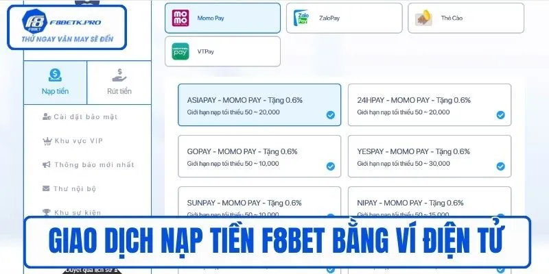 Giao dịch Nạp tiền F8BET bằng ví điện tử