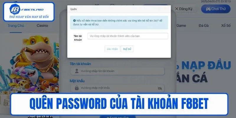 Quên password của tài khoản F8BET